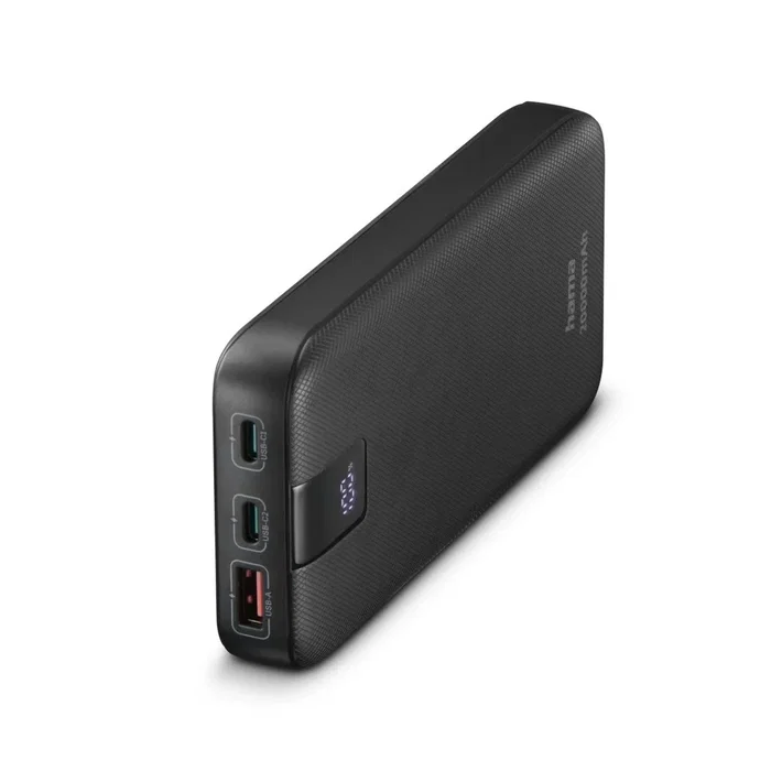Hama 00201719 Power Bank Externo 20000 mAh Antracita con Carga Rápida PD y QC 3.0, 2x USB-C + 1x USB-A, 20W, Pantalla LED