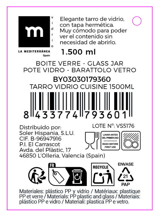 La Mediterranea Tarro Vidrio Cuisine 1500 ml 14 x 14 x 20 cm (8 Unidades)