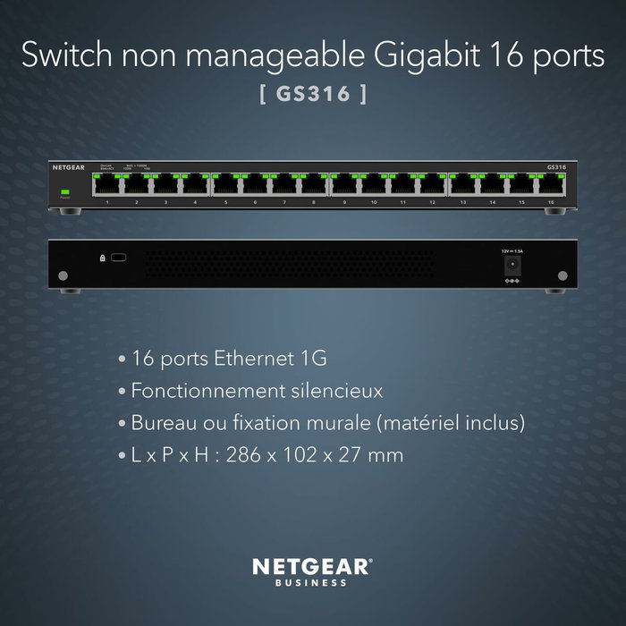 NETGEAR GS316v3 Switch no administrado de 16 puertos Gigabit Ethernet Negro NETGEAR GS316v3 Switch no administrado de 16 puertos Gigabit Ethernet Negro