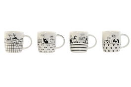 DKD Home Decor Taza Loft Porcelana New Bone Negro Blanco Gatitos Apto Microondas y Lavavajillas 12 Unidades 8.5x9x12.5 cm