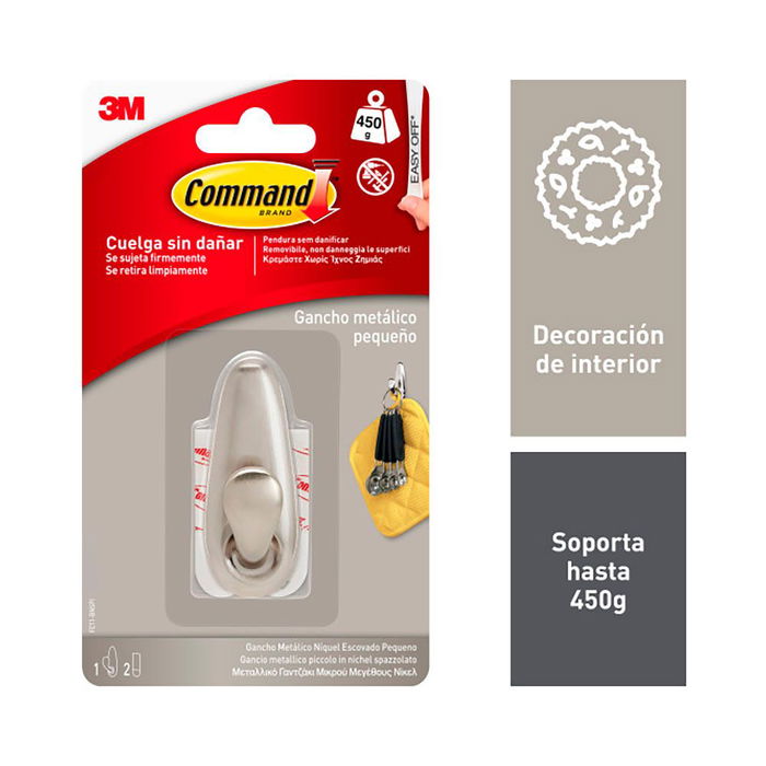 3M Command Gancho Metálico, Níquel Pulido, Pequeño, 1 Ud + 2 Tiras, FC11-BN, Carga Máx. 450 g