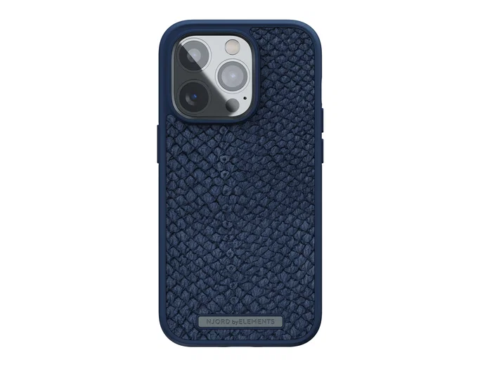 Njord byELEMENTS - Funda para iPhone 14 Pro con MagSafe, Piel de Salmón, Resistente a Caídas, Certificado Militar MIL-STD-810H, Color Azul - Incluye Plástico Reciclado