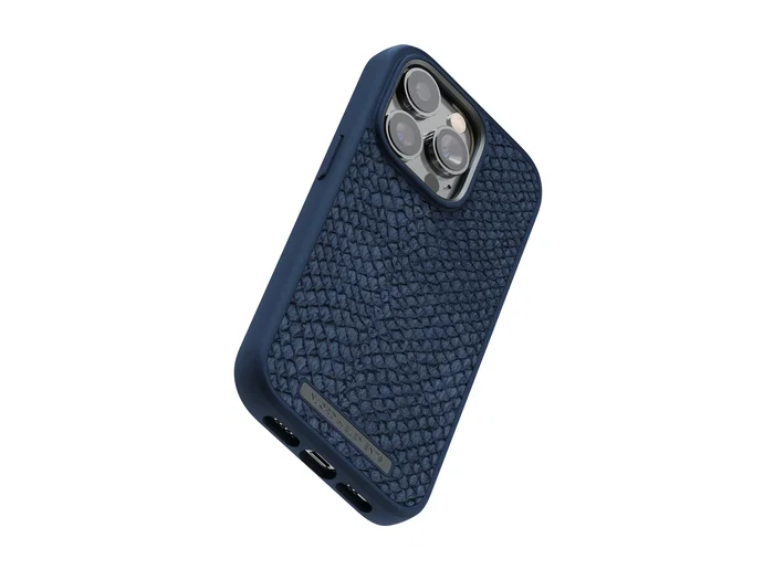 Njord byELEMENTS - Funda para iPhone 14 Pro con MagSafe, Piel de Salmón, Resistente a Caídas, Certificado Militar MIL-STD-810H, Color Azul - Incluye Plástico Reciclado