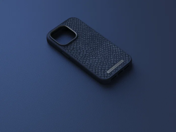 Njord byELEMENTS - Funda para iPhone 14 Pro con MagSafe, Piel de Salmón, Resistente a Caídas, Certificado Militar MIL-STD-810H, Color Azul - Incluye Plástico Reciclado