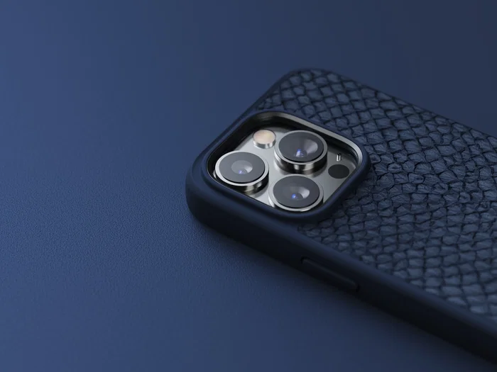 Njord byELEMENTS - Funda para iPhone 14 Pro con MagSafe, Piel de Salmón, Resistente a Caídas, Certificado Militar MIL-STD-810H, Color Azul - Incluye Plástico Reciclado