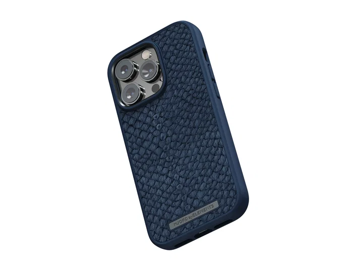 Njord byELEMENTS - Funda para iPhone 14 Pro con MagSafe, Piel de Salmón, Resistente a Caídas, Certificado Militar MIL-STD-810H, Color Azul - Incluye Plástico Reciclado