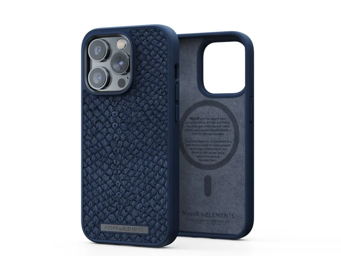Njord byELEMENTS - Funda para iPhone 14 Pro con MagSafe, Piel de Salmón, Resistente a Caídas, Certificado Militar MIL-STD-810H, Color Azul - Incluye Plástico Reciclado