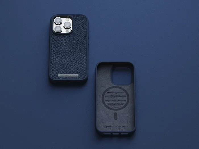 Njord byELEMENTS - Funda para iPhone 14 Pro con MagSafe, Piel de Salmón, Resistente a Caídas, Certificado Militar MIL-STD-810H, Color Azul - Incluye Plástico Reciclado