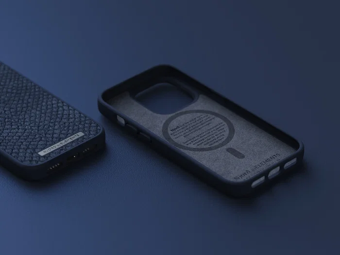 Njord byELEMENTS - Funda para iPhone 14 Pro con MagSafe, Piel de Salmón, Resistente a Caídas, Certificado Militar MIL-STD-810H, Color Azul - Incluye Plástico Reciclado