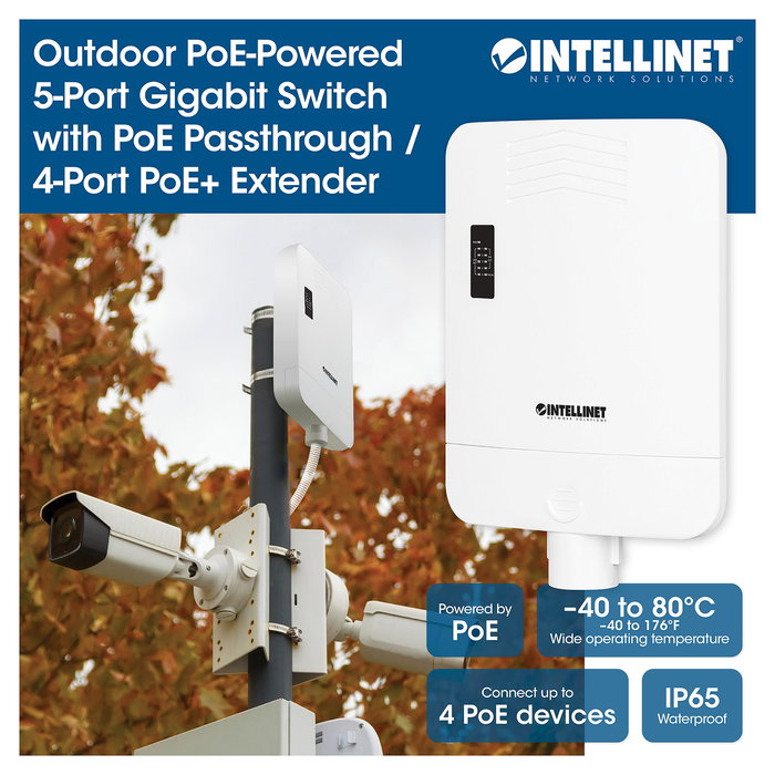 Intellinet Switch Gigabit Exterior 5 Puertos PoE Passthrough 85W IP65 con 4 Puertos PoE+ Extensor, Alimentación por Ethernet, IEEE 802.3bt/at/af, Garantía 3 Años
