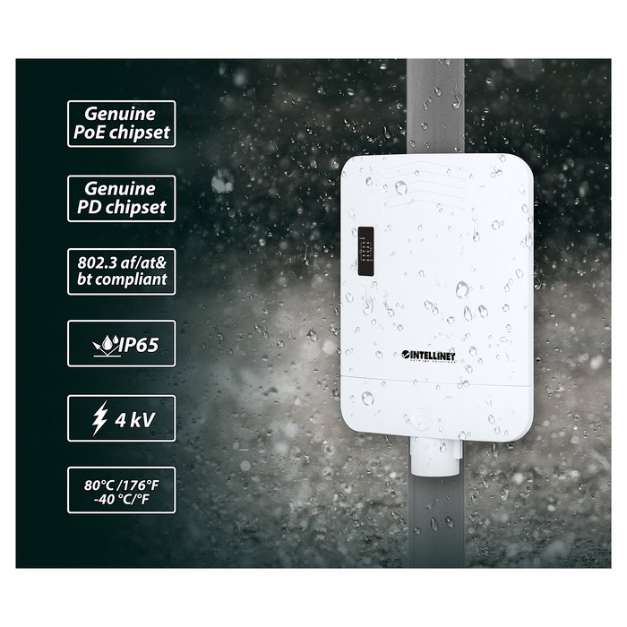 Intellinet Switch Gigabit Exterior 5 Puertos PoE Passthrough 85W IP65 con 4 Puertos PoE+ Extensor, Alimentación por Ethernet, IEEE 802.3bt/at/af, Garantía 3 Años