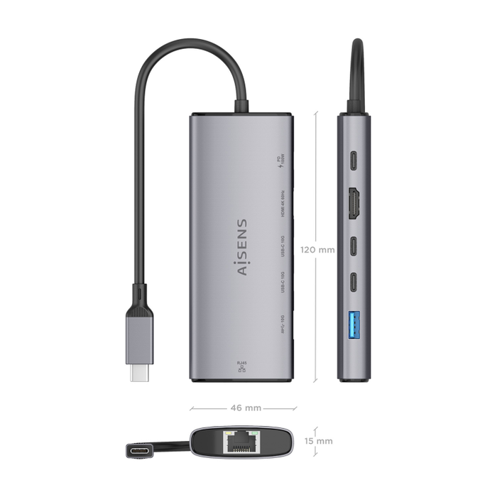 Aisens Docking USB Tipo-C 6 en 1 con HDMI 4K, RJ45, 1xUSB-A y 2xUSB-C, Gris