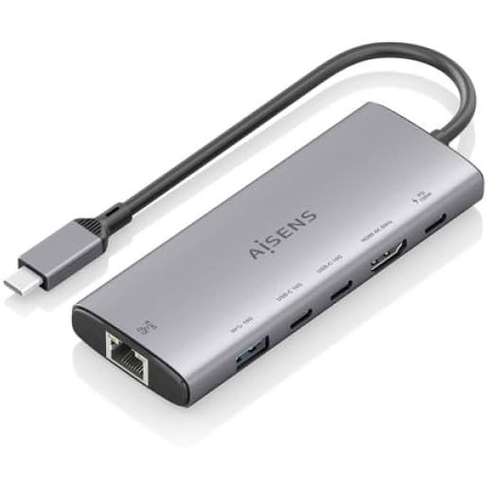 Aisens Docking USB Tipo-C 6 en 1 con HDMI 4K, RJ45, 1xUSB-A y 2xUSB-C, Gris