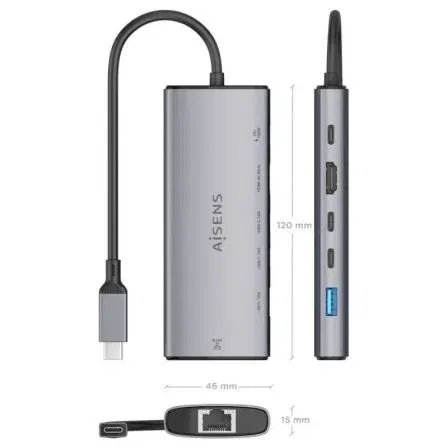 Aisens ASUC-6P030-GR Dock USB Tipo-C 6 en 1 con HDMI 4K 60Hz, 1xUSB-A 10Gbps, 2xUSB-C 10Gbps, 1xUSB-C PD 100W, 1xRJ45 Gigabit, Color Gris