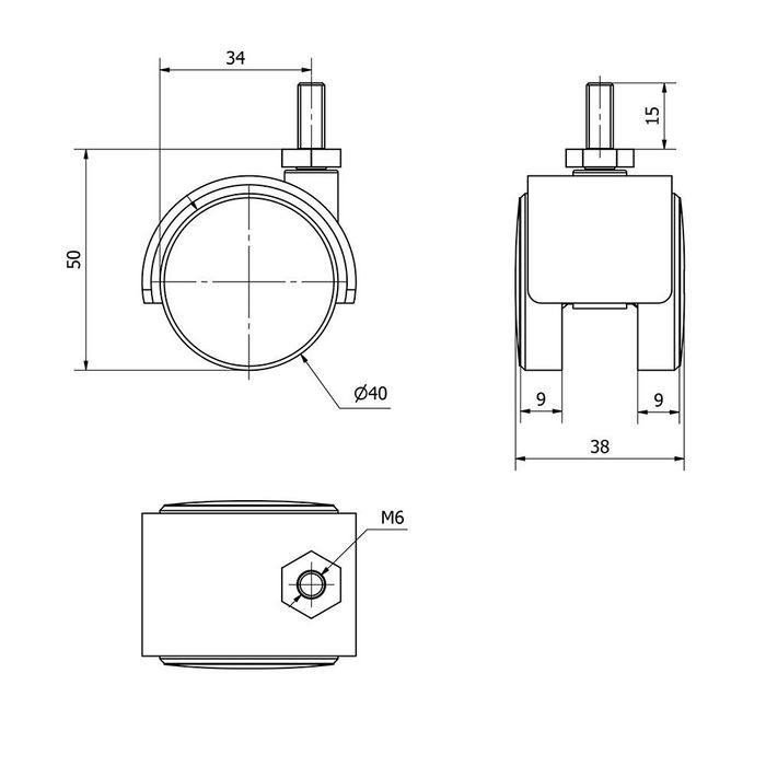 Ruedas Alex Rueda Giratoria Espiga Roscada y Eje Liso Ø 4 cm Negro 6 x 15 cm Carga Máx. 20 kg