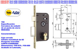 Yale AZBE 700 HL Cerradura de Embutir 40x70 con Palanca y Resbalón