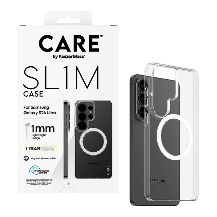 PanzerGlass CARE SL1M Case Transparente con Carga Qi para Samsung Galaxy S26 Ultra, Funda Protectora Resistente a Caídas y Rayones, Policarbonato 100% Reciclado PanzerGlass CARE SL1M Case Transparente con Carga Qi para Samsung Galaxy S26 Ultra, Funda Protectora Resistente a Caídas y Rayones, Policarbonato 100% Reciclado
