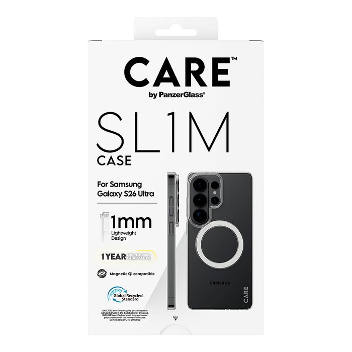 PanzerGlass CARE SL1M Case Transparente con Carga Qi para Samsung Galaxy S26 Ultra, Funda Protectora Resistente a Caídas y Rayones, Policarbonato 100% Reciclado PanzerGlass CARE SL1M Case Transparente con Carga Qi para Samsung Galaxy S26 Ultra, Funda Protectora Resistente a Caídas y Rayones, Policarbonato 100% Reciclado