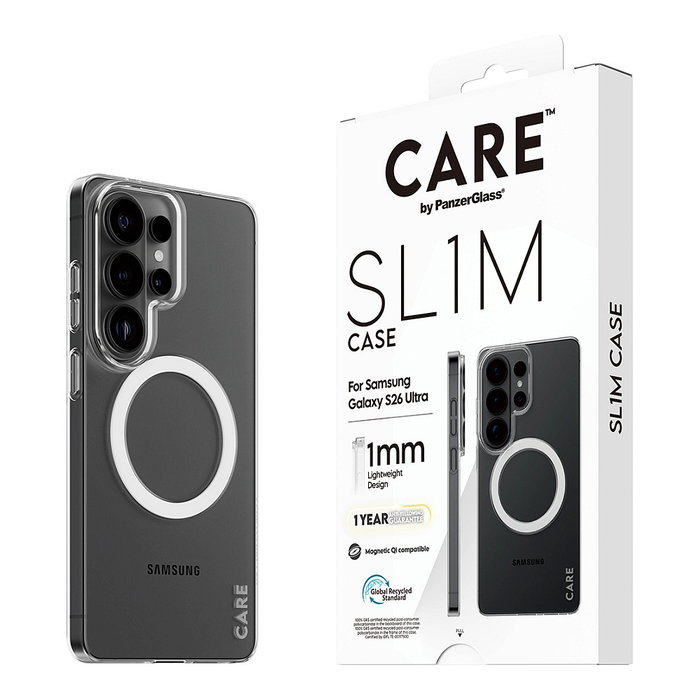 PanzerGlass CARE SL1M Case Transparente con Carga Qi para Samsung Galaxy S26 Ultra, Funda Protectora Resistente a Caídas y Rayones, Policarbonato 100% Reciclado PanzerGlass CARE SL1M Case Transparente con Carga Qi para Samsung Galaxy S26 Ultra, Funda Protectora Resistente a Caídas y Rayones, Policarbonato 100% Reciclado