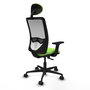 Silla de oficina Zulema con mecanismo Sincro tapizada con Tela color Pistacho y malla color Blanco. Equipada con lumbar 1D, Brazos 2D, Cabecero Fijo y Ruedas 65mm nailon