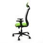 Silla de oficina Zulema con mecanismo Sincro tapizada con Tela color Pistacho y malla color Blanco. Equipada con lumbar 1D, Brazos 2D, Cabecero Fijo y Ruedas 65mm nailon