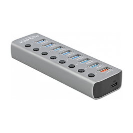 DELOCK Hub USB 3.2 Gen 1 con 7 Puertos + 1 Puerto Carga Rápida + 1 Puerto USB-C PD 3.0 con Interruptor e Iluminación