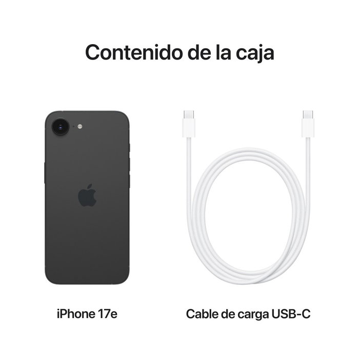 Apple iPhone 17e Smartphone 256GB 6.1" Negro 5G, Chip A19, Cámara Fusion 48 MP, Resistente Ceramic Shield 2, USB-C, Carga Inalámbrica MagSafe, iOS 26