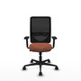 Silla de oficina Zulema con mecanismo Sincro tapizada con Tela color Marrón y malla color Negro. Equipada con lumbar 1D, Brazos 2D y Ruedas 65mm nailon