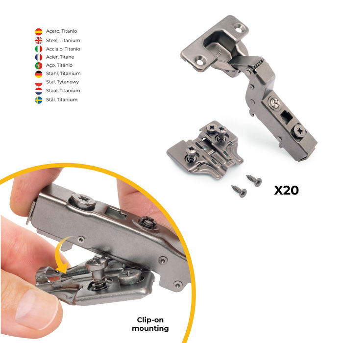 Emuca Lote de 20 bisagras supercodo X91 con cierre suave y suplementos Euro, Altura 0, Acero, Titanio Emuca Lote de 20 bisagras supercodo X91 con cierre suave y suplementos Euro, Altura 0, Acero, Titanio