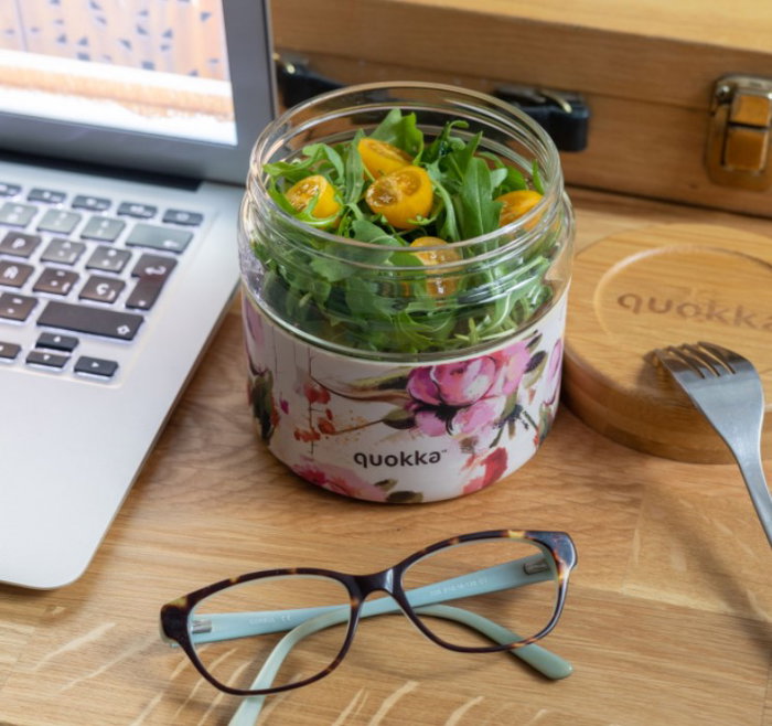 QUOKKA Recipiente de Comida de Cristal 820ml con Funda Deli Dark Flowers, para Almacenamiento y Transporte