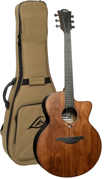 LAG Guitarra Acústica Jumbo Electroacústica Sauvage Lag Natural Satinado Tapa Sólida Brankowood Fondo Aros Eucalipto Cutaway Electrónica Stage LAG Funda Incluida