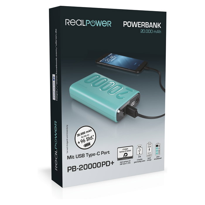 RealPower Powerbank PB-20000PD+ Nutopia 20000 mAh Azul, Carga Rápida, 3 Puertos (Micro-USB + USB Type-C + 2x USB A), 5-12 V