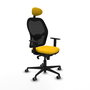 Silla de oficina Jorquera con mecanismo Sincro tapizada con Tela color Amarillo y malla color Negro. Equipada con lumbar 1D, Brazos 1D, Cabecero Fijo y Ruedas 65 mm parqué