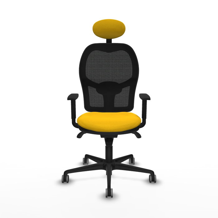 Silla de oficina Jorquera con mecanismo Sincro tapizada con Tela color Amarillo y malla color Negro. Equipada con lumbar 1D, Brazos 1D, Cabecero Fijo y Ruedas 65 mm parqué