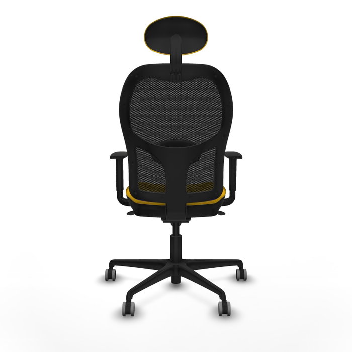 Silla de oficina Jorquera con mecanismo Sincro tapizada con Tela color Amarillo y malla color Negro. Equipada con lumbar 1D, Brazos 1D, Cabecero Fijo y Ruedas 65 mm parqué