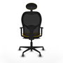 Silla de oficina Jorquera con mecanismo Sincro tapizada con Tela color Amarillo y malla color Negro. Equipada con lumbar 1D, Brazos 1D, Cabecero Fijo y Ruedas 65 mm parqué