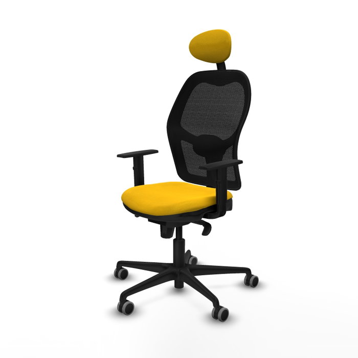 Silla de oficina Jorquera con mecanismo Sincro tapizada con Tela color Amarillo y malla color Negro. Equipada con lumbar 1D, Brazos 1D, Cabecero Fijo y Ruedas 65 mm parqué