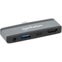 MANHATTAN Dock Hub USB-C Viaje 4 en 1, Puertos HDMI USB-A USB-C Audio 3.5mm, Power Delivery 100W, Aluminio Gris, 4K Ultra HD, 10 Gbit/s