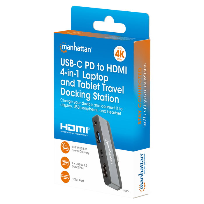 MANHATTAN Docking station móvil USB-C 4 en 1 con HDMI 4K y PD 100W Gris MANHATTAN Docking station móvil USB-C 4 en 1 con HDMI 4K y PD 100W Gris