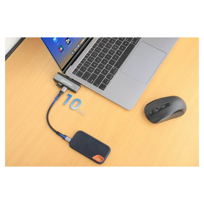 MANHATTAN Dock Hub USB-C Viaje 4 en 1, Puertos HDMI USB-A USB-C Audio 3.5mm, Power Delivery 100W, Aluminio Gris, 4K Ultra HD, 10 Gbit/s