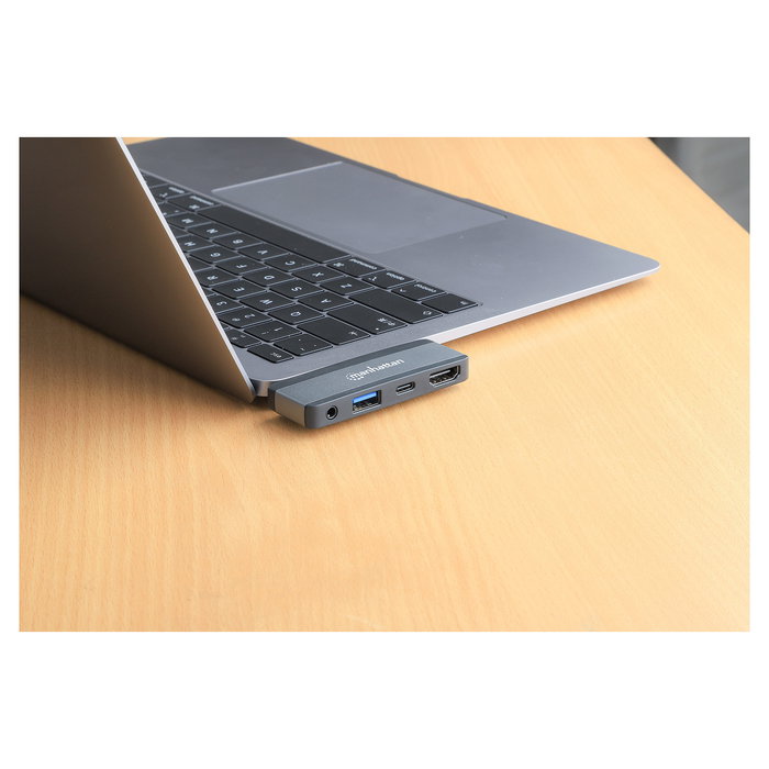 MANHATTAN Dock Hub USB-C Viaje 4 en 1, Puertos HDMI USB-A USB-C Audio 3.5mm, Power Delivery 100W, Aluminio Gris, 4K Ultra HD, 10 Gbit/s