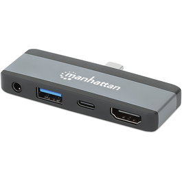 MANHATTAN Dock Hub USB-C Viaje 4 en 1, Puertos HDMI USB-A USB-C Audio 3.5mm, Power Delivery 100W, Aluminio Gris, 4K Ultra HD, 10 Gbit/s
