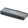 MANHATTAN Dock Hub USB-C Viaje 4 en 1, Puertos HDMI USB-A USB-C Audio 3.5mm, Power Delivery 100W, Aluminio Gris, 4K Ultra HD, 10 Gbit/s