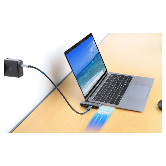 MANHATTAN Dock Hub USB-C Viaje 4 en 1, Puertos HDMI USB-A USB-C Audio 3.5mm, Power Delivery 100W, Aluminio Gris, 4K Ultra HD, 10 Gbit/s