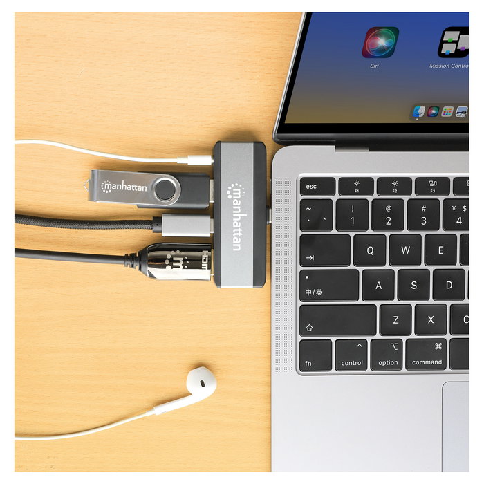 MANHATTAN Dock Hub USB-C Viaje 4 en 1, Puertos HDMI USB-A USB-C Audio 3.5mm, Power Delivery 100W, Aluminio Gris, 4K Ultra HD, 10 Gbit/s