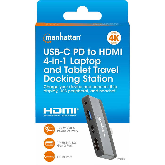 MANHATTAN Dock Hub USB-C Viaje 4 en 1, Puertos HDMI USB-A USB-C Audio 3.5mm, Power Delivery 100W, Aluminio Gris, 4K Ultra HD, 10 Gbit/s