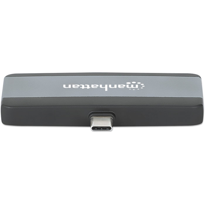MANHATTAN Dock Hub USB-C Viaje 4 en 1, Puertos HDMI USB-A USB-C Audio 3.5mm, Power Delivery 100W, Aluminio Gris, 4K Ultra HD, 10 Gbit/s