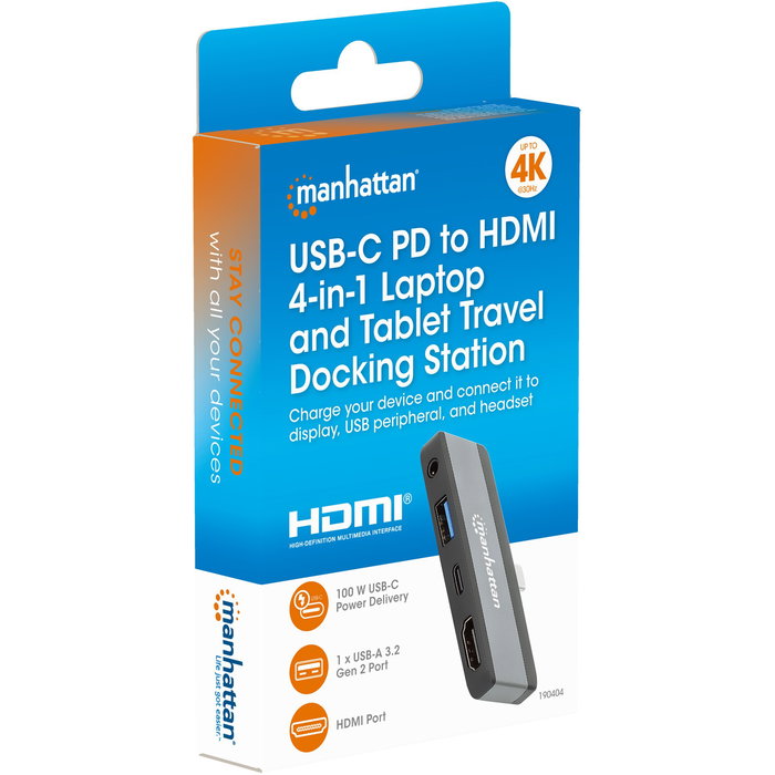MANHATTAN Dock Hub USB-C Viaje 4 en 1, Puertos HDMI USB-A USB-C Audio 3.5mm, Power Delivery 100W, Aluminio Gris, 4K Ultra HD, 10 Gbit/s
