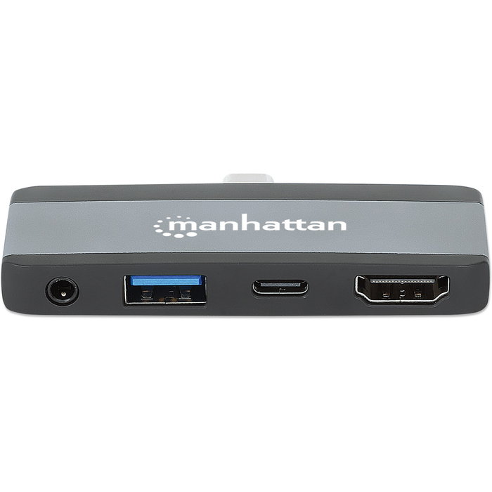 MANHATTAN Dock Hub USB-C Viaje 4 en 1, Puertos HDMI USB-A USB-C Audio 3.5mm, Power Delivery 100W, Aluminio Gris, 4K Ultra HD, 10 Gbit/s
