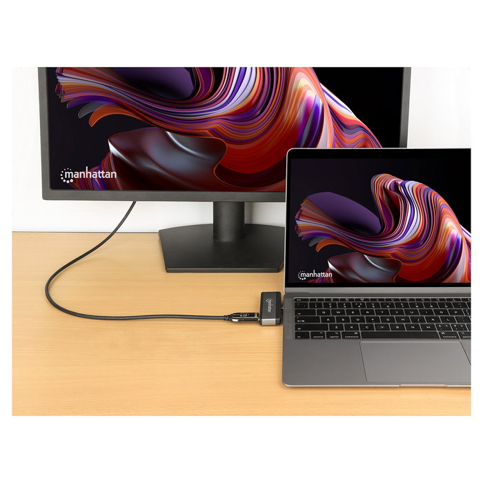 MANHATTAN Dock Hub USB-C Viaje 4 en 1, Puertos HDMI USB-A USB-C Audio 3.5mm, Power Delivery 100W, Aluminio Gris, 4K Ultra HD, 10 Gbit/s